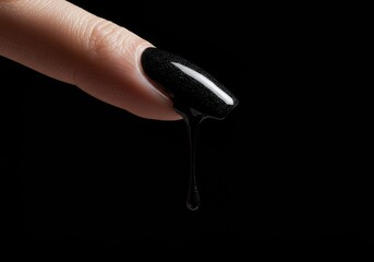 A finger with black nail polish dripping against a dark background in a studio shot close up view