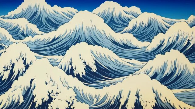 Aerial view of stylized waves in a Japanese art style, reminiscent of classic woodblock prints, perfect for a video background. Live desktop wallpaper.