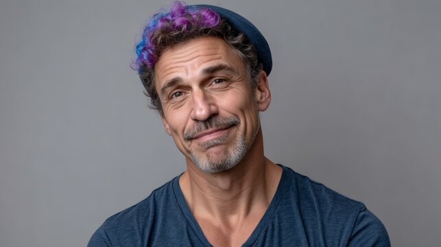 Middle-aged man with stylish purple and blue hair wearing a dark t-shirt and beret, smiling warmly against a neutral background, showcasing confidence and approachability in a portrait setting