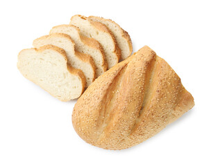 Cut loaf of bread isolated on white, top view