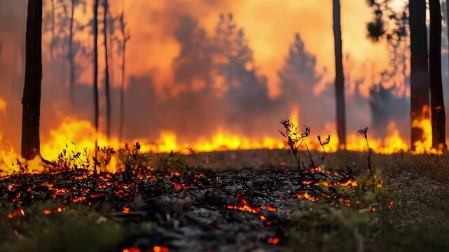 A intense wildfire burning through a forest, with flames and smoke visible amongst trees and charred ground.