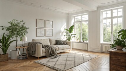 Fototapeta premium Modern living room interior with contemporary furniture, a comfortable sofa, and elegant decor
