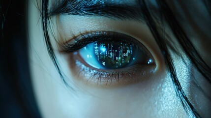 Futuristic asian eye close-up with digital code reflections