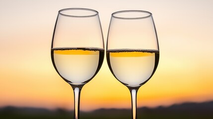 Two Glasses of White Wine at Sunset Romantic Evening Scene