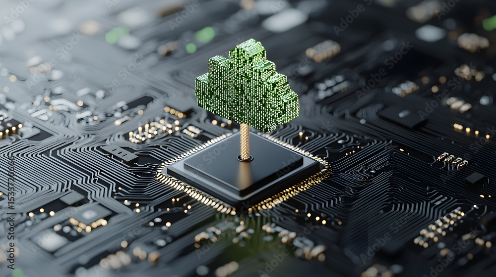 Poster a digital tree made of circuitry grows from a central processor on a black circuit board, symbolizin