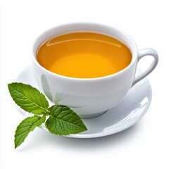 White Teacup of Golden Tea with Fresh Mint Leaves