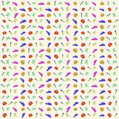 Camping equipment vector pattern, binoculars, road signs, mountains, and first aid kits. outdoor pattern