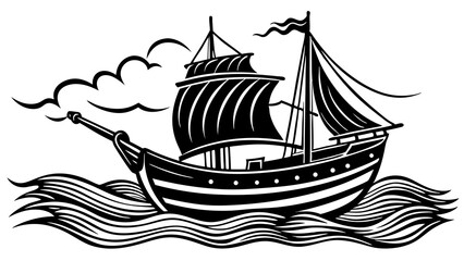 Traditional sailing ship illustration navigating through ocean waves for nautical and adventure themes