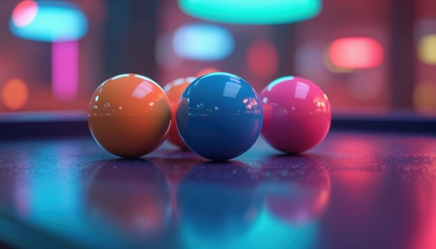 Colorful billiard balls on vibrant table with neon light. Pool ball game, nightlife entertainment in club. Play, recreation, casino, leisure. 3D render, glossy spheres, modern style, high-colored