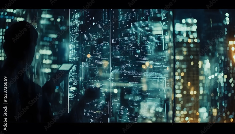 Poster person studying digital data displayed on a window at night.