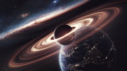 Majestic Celestial Scene of Planets With Rings and Earth in Outer Space