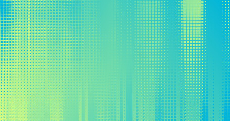 Bright blue green yellow dynamic halftone background. Abstract retro dotted squares shapes. Minimal kid fun style. Modern geometric pattern. Blank hot sale banner. Summer cover. Textured illustration
