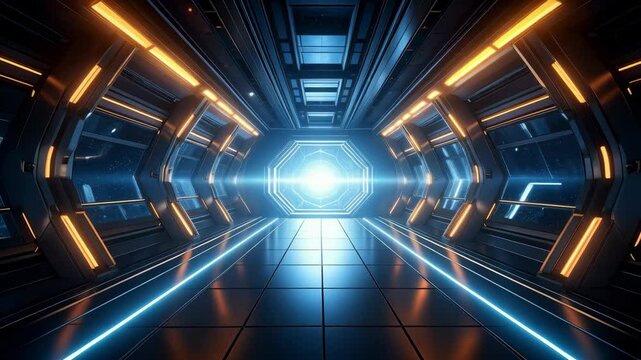 Futuristic metallic corridor illuminated with blue and orange neon lights leading to glowing heptagon shape in the distance.