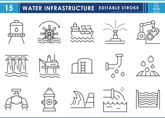 A set of line icons related to Water Infrastructure. Water, dam, oil, pipes, transportation, irrigation, and so on. Vector editable stroke.