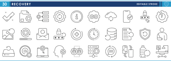 A set of line icons related to Recovery. Recover, heal, setting, health, digital, media, charge, and so on. Vector editable stroke.