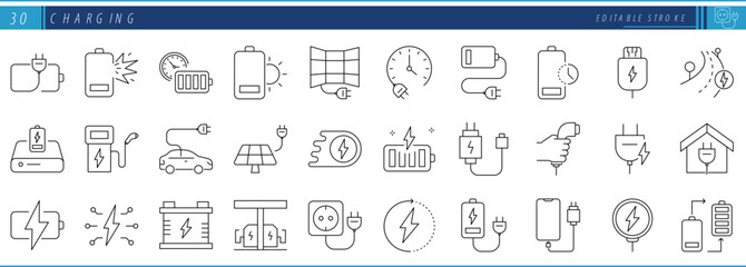 A set of line icons related to Charging. Charging station, electricity, wireless, power bank, fuel, charger, and so on. Vector editable stroke.