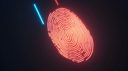 Neon red fingerprint glowing against a dark background with blue and red light streaks, symbolizing digital identity and security.