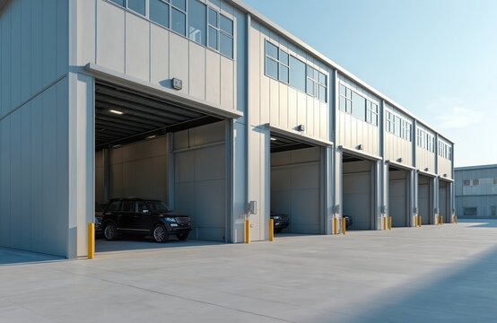 Side view garage for car, truck service. Industrial building with open gates. Black car parked inside. Transportation, logistics, repair, maintenance. Modern automotive workshop, repair station.