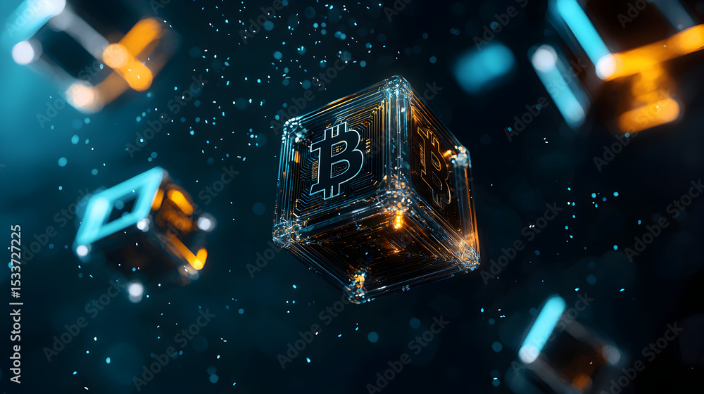 Poster a glowing digital cube with the bitcoin symbol floats amidst other illuminated cubes in a futuristic