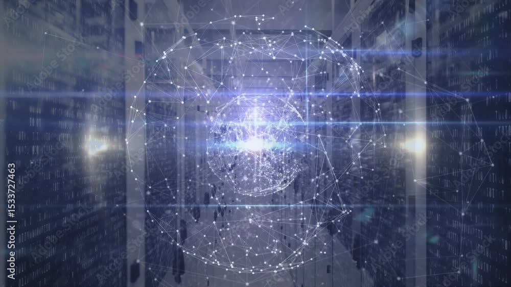 Poster slowly tracking server aisle, code streams emerging as hologram sphere pulsating to visualize data