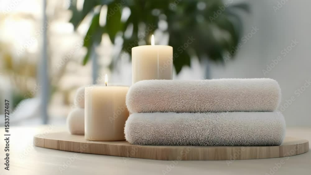 Poster a serene setting featuring candles and soft towels, creating a relaxing and spa-like atmosphere.