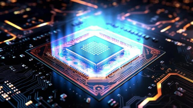 Close-up, high-angle view of a glowing microchip on a circuit board, showcasing futuristic technology. Ideal for a tech-themed video or presentation. Live desktop wallpaper.