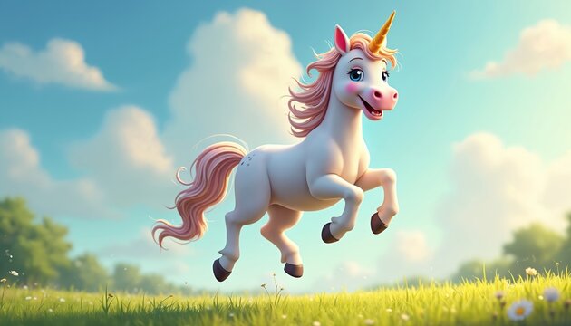 Cartoon unicorn leaps in field. White animal with pink mane, golden horn, big blue eyes. Happy, joyful illustration in sunshine, green grass, blue sky. Dreamy, fantasy scene.