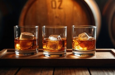 Fototapeta premium Three whisky glasses with ice cubes on wooden tray in front of oak barrel. Alcoholic beverage with ice. Whiskey tasting, bar or pub concept. Golden liquid refreshment drink.