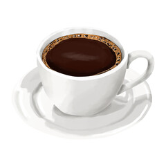 Black coffee in a white porcelain cup on a saucer. Watercolor illustration. A mug of hot Americano coffee with foam, insulated on a white background. A theme for coffee shops, textiles and printing