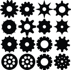 Collection of sixteen black gear and cogwheel silhouettes on white background