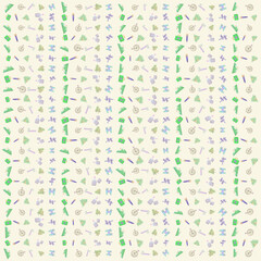 Camping equipment vector pattern, mountain, compass, axe, tree, binoculars, first aid kit, tent, matches, road signs.