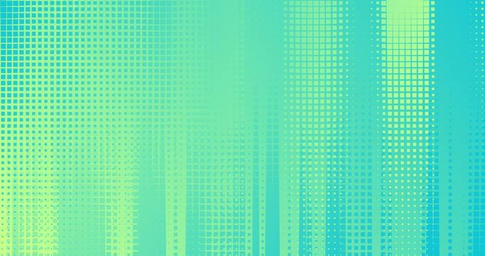 4k halftone blue and yellow geometric shape background. Animated squares pattern. Seamless looped light mint green tosca gradient. Retro pop comic art design. Creative modern banner backdrop. Abstract