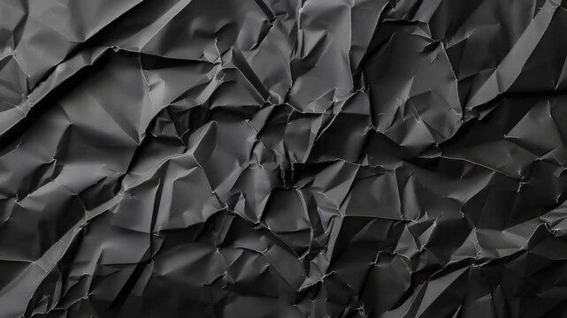 A close-up of crumpled black paper or fabric, displaying various folds and creases in texture.