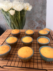 homemade Freshly baked vanilla muffins in a muffin tin just pulled out of the oven. Stacks of sweet muffins and cupcakes with delicious sweet flavors. High quality photo