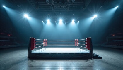 Spectacular view of empty professional boxing ring in spacious arena. Dazzling spotlights illuminate boxing stage. Competition, championship venue interior, waiting for fight. Evening event