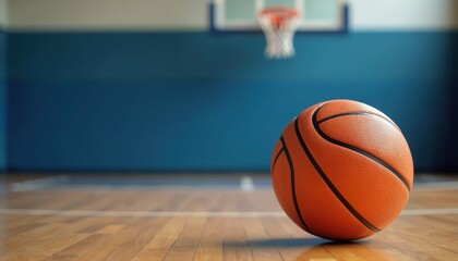 Naklejka premium Close-up shot of basketball on wood court with blurred indoor background. Orange basketball in gym, sport activity, game, competition, training. Basketball hoop in background.