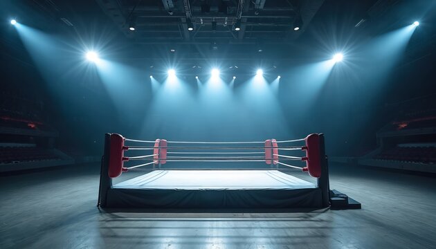Spectacular view of empty professional boxing ring in spacious arena. Dazzling spotlights illuminate boxing stage. Competition, championship venue interior, waiting for fight. Evening event