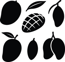 Solid black silhouette vector set on white background featuring mango icons: whole mango fruit, sliced mango, mango leaf, mango seed, mango bunch, mango with stem, simple and clean tropical fruit desi