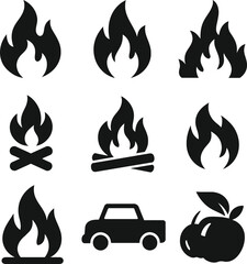 A bonfire silhouette logo set, featuring variations of flame and log designs:
– simple bonfire, round flame, tall campfire, stylized torch-style bonfire, crossed wood logs, isolated fire shapes, 
