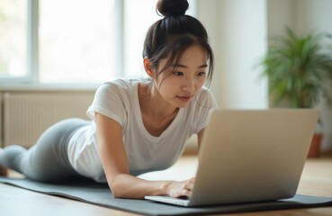 Young asian woman in white t-shirt exercising at home using laptop. Female doing yoga or pilates online. Healthy lifestyle, fitness, online workout concept, digital health.