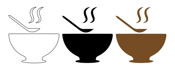 bowl of soup with spoon comfort food icon set outline  black silhouette and color vector illustration