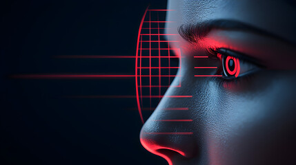 Close-up of a human face with a digital red eye scanning interface, symbolizing futuristic biometric technology and facial recognition.