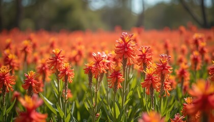 Field Australian kangaroo paw flowers in full bloom. Orange, red, yellow colored unique claw-shaped blossoms grow among the green grass. Spring, summer. Flora, blossom, beauty. Nature background.