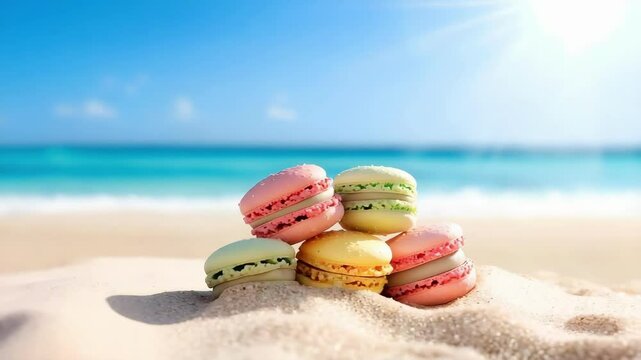 Colorful macarons arranged on a sandy beach with a clear blue ocean and bright sky in the background.