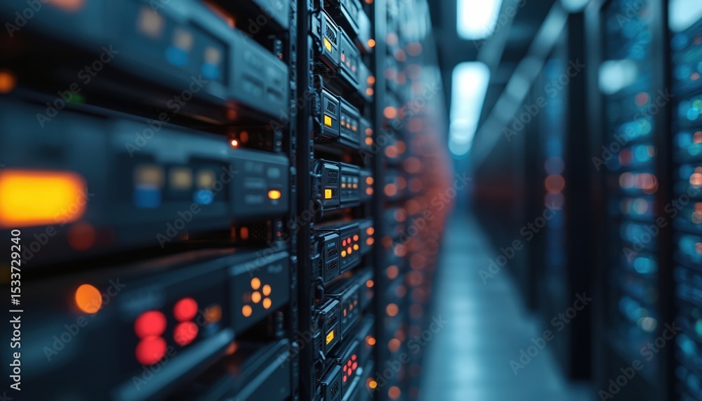 Poster server room data center with active servers and lights. racks of servers. database storage, cloud co