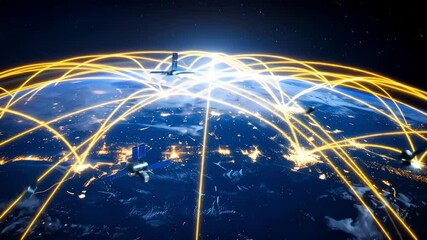 Satellite communication network around Earth, glowing beams connecting satellites to city nodes below, outer space view, digital grid overlay, global connection concept, modern tech visualization - Powered by Adobe