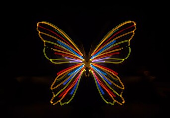 A glowing butterfly with colorful wings outlined in light against a black background in the darkness