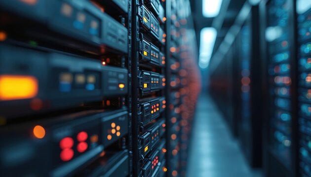 Server room data center with active servers and lights. Racks of servers. Database storage, cloud computing, data transfer, information technology. Data migration process, high-speed connection.