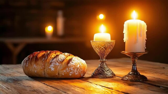 A loaf of bread next to two candles on a wooden table, creating a warm, cozy ambiance with soft lighting.