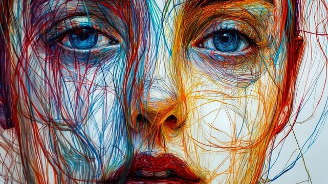 Intricate Thread Portrait: A mesmerizing portrait created using intricately woven threads, depicting a woman's face with striking blue eyes and vibrant colored threads forming the features.